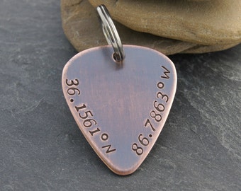 Personalized Rustic Copper Guitar Pick | Latitude Longitude Keychain | Gift for Musician | Gift for Guitar Player | Anniversary Gift