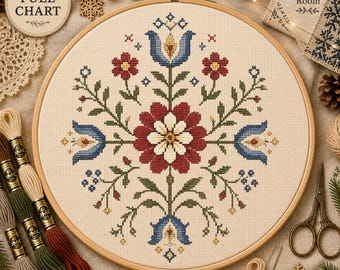 Nordic Folk Floral Cross Stitch Pattern, Scandinavian Flower Art (Digital Download)