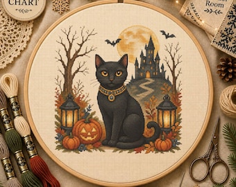 Halloween Black Cat Cross Stitch Pattern, Haunted Castle Pumpkin Moon Full Chart, Digital Download