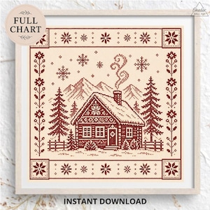 Nordic Cabin Cross Stitch Pattern, Scandinavian Winter House Sampler (Digital Download)