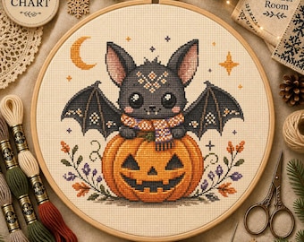 Modèle de point de croix citrouille chauve-souris d'Halloween nordique (téléchargement numérique)