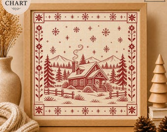 Nordic Winter Cabin Cross Stitch Pattern, Scandinavian Folk Art, Snowy Forest (Digital Download)