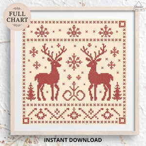 Nordic Reindeer Cross Stitch Pattern, Redwork Deer Folk Art (Digital Download)