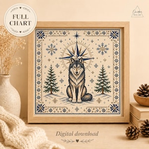 May include: A square cross stitch pattern featuring a central wolf sitting in snow between two pine trees, topped by a large compass star. The design includes snowflake motifs and a geometric border in blue, brown, and cream colors. Text reads FULL CHART.