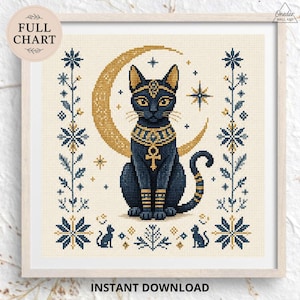 Korsstygnsmönster med egyptisk katt, Bastet Moon folkkonst (digital nedladdning)