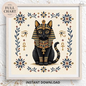 Egyptian Cat Cross Stitch Pattern, Bastet Sphinx Folk Art (Digital Download)