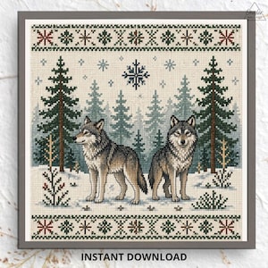May include: Cross-stitch design featuring two wolves in a snowy forest scene. The artwork includes evergreen trees, snowflakes, and decorative borders in shades of green, brown, and beige. The words "INSTANT DOWNLOAD" are at the bottom.