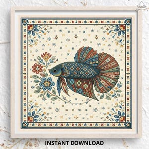 May include: A square cross-stitch pattern featuring a central betta fish with intricate geometric patterns in shades of blue, red, and teal. The fish is surrounded by stylized floral motifs and a decorative border, all set against a cream background.