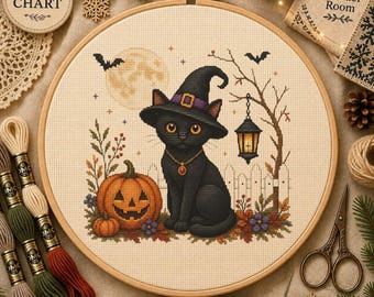Halloween Witch Black Cat Cross Stitch Pattern, Nordic Folk Art (Digital Download)