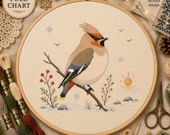 Scandinavisch wintervogel kruissteekpatroon, besneeuwde Scandinavische dierenwereld (digitale download)