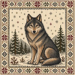 May include: Cross-stitch design featuring a gray and brown wolf seated in a snowy landscape with evergreen trees and snowflakes. The artwork is framed with a decorative border in shades of red, green, and beige, creating a rustic, wintery theme.