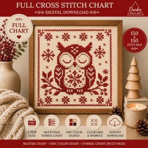 Nordic Owl Cross Stitch Pattern, Red Scandinavian Folk Art Full Chart, 150 x 150 Stitches, PDF Pattern, Digital Download