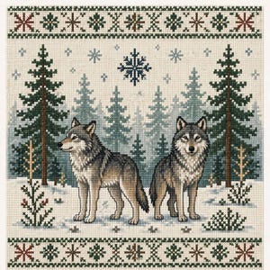 May include: Cross-stitch design featuring two wolves in a snowy forest scene. The artwork includes evergreen trees, snowflakes, and a decorative border with floral and geometric patterns. The wolves are gray and brown.