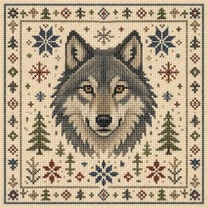 May include: A cross-stitch design featuring a wolf's face at the center, surrounded by snowflakes, pine trees, and geometric patterns. The color palette includes shades of gray, brown, green, and blue on a cream background. The design has a rustic, winter theme.