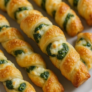 Puede incluir: Primer plano de varios pasteles dorados y retorcidos, rellenos con un vibrante relleno verde y queso blanco derretido. Los pasteles están dispuestos en un plato blanco, mostrando su textura escamosa y su apetitoso aspecto.