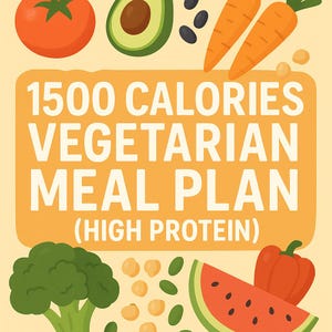 May include: A vibrant illustration promoting a vegetarian meal plan. The image showcases a variety of fresh produce, such as a tomato, avocado, carrots, broccoli, watermelon, and a red pepper. Text reads "1500 Calories Vegetarian Meal Plan (High Protein)".