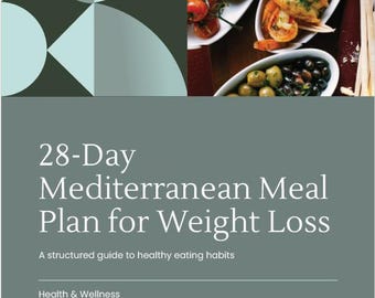 Könnte beinhalten: Buchcover mit dem Titel "28-Tage-Mittelmeer-Ernährungsplan zur Gewichtsreduktion". Das Cover zeigt ein Foto eines mediterranen Gerichts mit Garnelen, Oliven und Tomaten. Der Text "Ein strukturierter Leitfaden für gesunde Essgewohnheiten" ist ebenfalls enthalten.