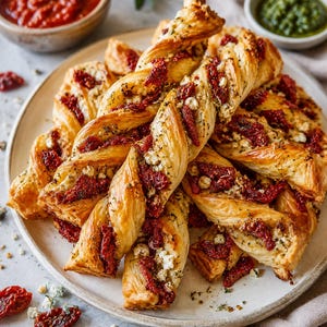 May include: A pile of golden-brown puff pastry twists on a round plate, topped with sun-dried tomatoes, crumbled white cheese, and dried herbs. The pastry is flaky and layered, with the red tomatoes and white cheese embedded in the twists.