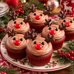 May include: A collection of chocolate cupcakes arranged on a decorative plate, each topped with chocolate frosting, two dark chocolate antlers, two small black candy eyes, and a bright red candy nose to resemble a reindeer face.