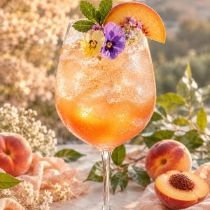 May include: A stemmed glass filled with an orange-hued iced beverage, garnished with a fresh peach slice, purple and yellow pansy flowers, and green mint leaves. The drink contains visible ice cubes and is served in a clear glass vessel.