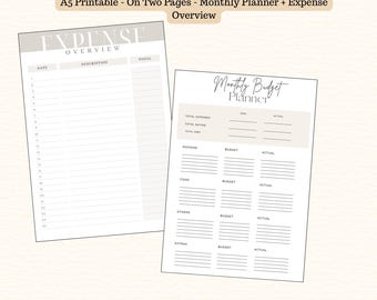May include: A5 printable budget planner with two pages. One page is labeled "Expense Overview" with columns for date, description, and total. The other page is a "Monthly Budget Planner" with sections for housing, food, and other expenses.