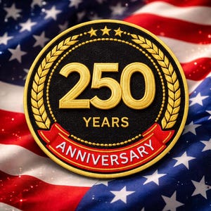 Embroidered 250 Years Anniversary Patch, Laurel Wreath Badge Iron On, Sew On & Hook Loop Applique for Jackets, Hats, Backpacks, Tote Bags