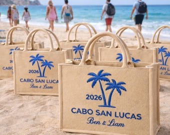 Personalized Cabo San Lucas Tote Bag, Embroidered Beach Bag, Custom Cabo 2026 Palm Tree Tote, Destination Wedding Favor Bag, Bridesmaid Gift