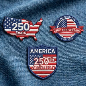 May include: Three embroidered patches celebrating the 250th anniversary of the United States. One patch is in the shape of the U.S. map, another is a circular design with a banner, and the third is a shield shape. All patches feature red, white, and blue colors.