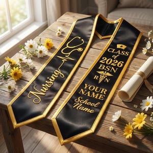May include: Black and gold nursing graduation sash with the word "Nursing" and a stethoscope graphic. The sash also includes the text "Class of 2026 BSN RN" and space for a name and school. Daisies and a diploma are also present.