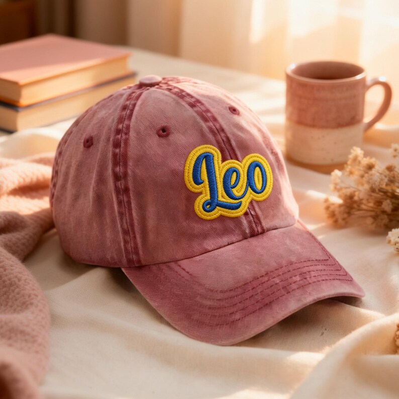 May include: A dusty rose baseball cap with the word "Leo" embroidered in yellow and blue. The cap has a curved brim and a distressed look. A mug and a stack of books are in the background.