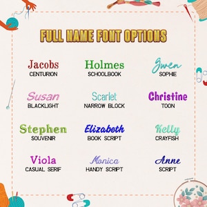 May include: A graphic displaying full name font options. The text "FULL NAME FONT OPTIONS" is in a gold, textured font. Examples include "Jacobs" in Centurion, "Holmes" in Schoolbook, and "Gwen" in Sophie. Other names are displayed in various fonts and colours.