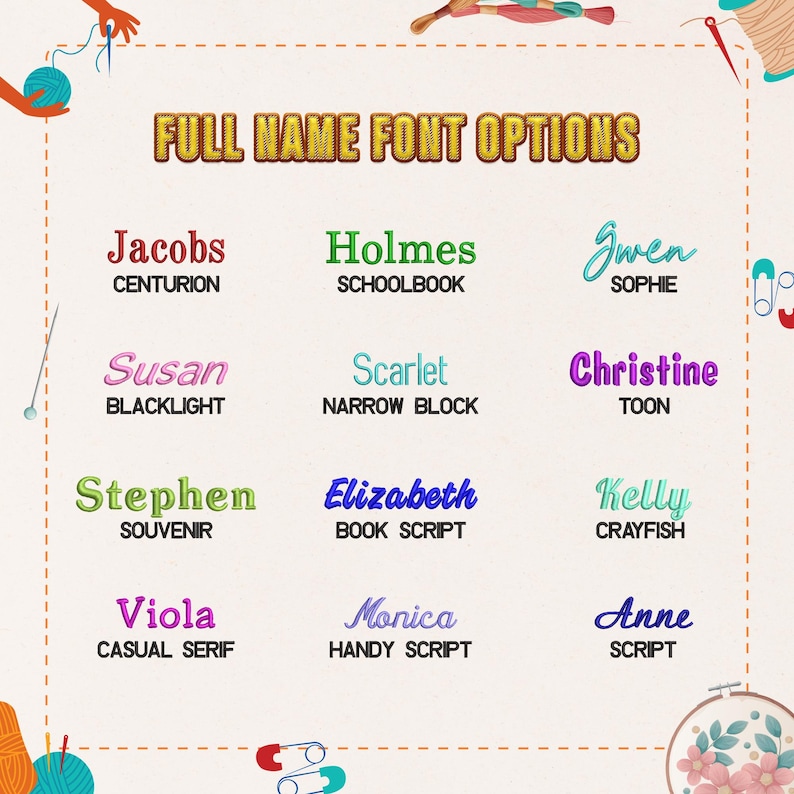 May include: A graphic displaying full name font options. The text "FULL NAME FONT OPTIONS" is in a gold, textured font. Examples include "Jacobs" in Centurion, "Holmes" in Schoolbook, and "Gwen" in Sophie. Other names are displayed in various fonts and colours.