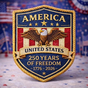 May include: Embroidered patch in a shield shape with the words "AMERICA" and "UNITED STATES". Features an eagle with outstretched wings over a red and white striped background. The text "250 YEARS OF FREEDOM -1776-2026-" is also included.