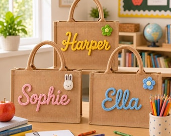 Personalized Knitted Name Burlap Tote Bag, Teacher Appreciation Gift, Back to School Bag