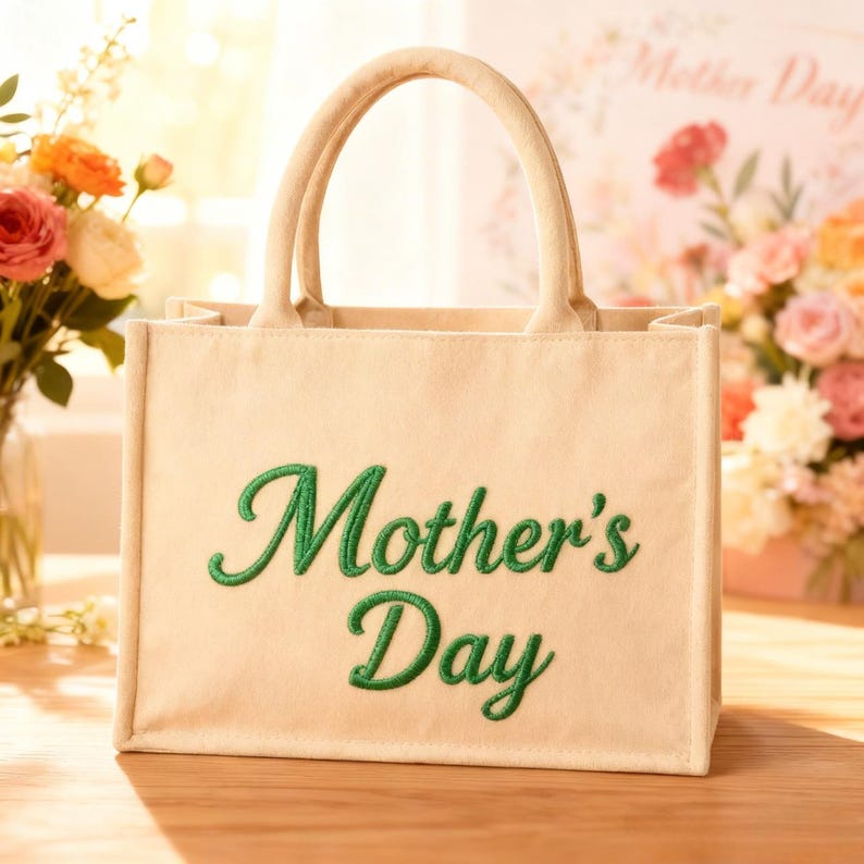 May include: A beige tote bag with two handles. The words "Mother's Day" are embroidered in green on the front. The bag is on a wooden surface, with flowers in the background. A gift for Mother's Day.