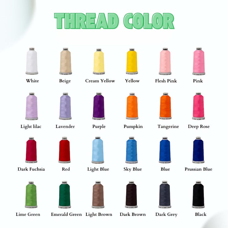 May include: A color chart displaying a variety of thread colors. The text "THREAD COLOR" is at the top. The chart includes colors like white, beige, yellow, pink, purple, orange, red, blue, green, brown, grey, and black. Each color is labeled.