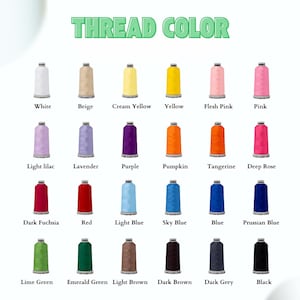 May include: A color chart displaying thread colors. The text "THREAD COLOR" is at the top. The chart shows 20 thread spools in various colors, including white, beige, yellow, pink, purple, orange, red, blue, green, brown, grey, and black.
