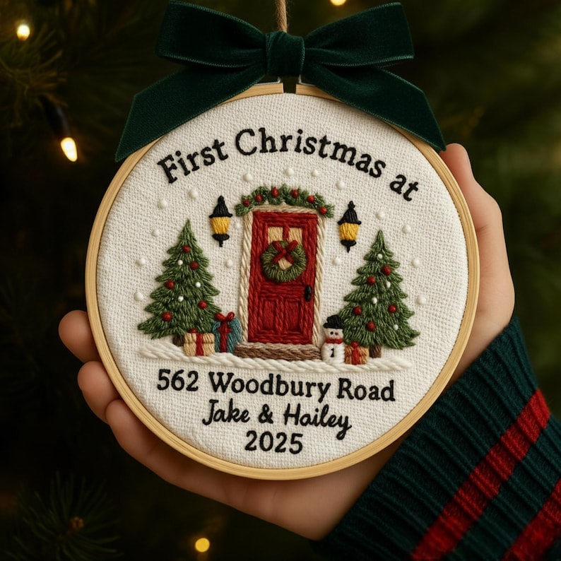 May include: Embroidered Christmas ornament in a wooden hoop. The design features a red door with a wreath, Christmas trees, and the text "First Christmas at" above the address and names. A green velvet bow tops the ornament.
