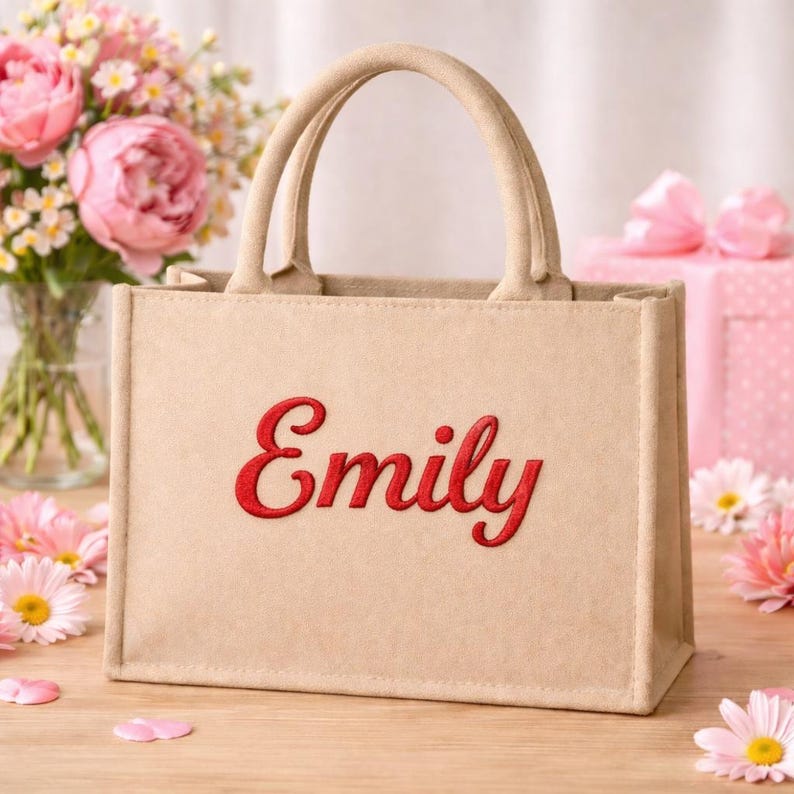 May include: A beige tote bag with two handles and the name "Emily" embroidered in red script. The bag is rectangular and sits on a wooden surface, with flowers and a gift box in the background.