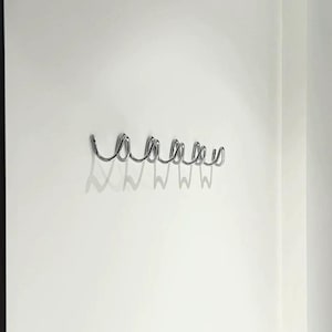 May include: A modern, silver-colored metal wall hook with six curved hooks. The hook is mounted on a white wall, casting a shadow below each hook. The design is minimalist and functional.