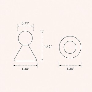 Puede incluir: Un dibujo t&eacute;cnico de l&iacute;nea de un pomo peque&ntilde;o con una parte superior circular y una base c&oacute;nica. El diagrama muestra una altura total de 3,61 cm, un di&aacute;metro superior de 1,80 cm y un di&aacute;metro de base de 3,40 cm, incluyendo una vista superior.