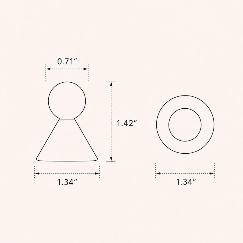 Puede incluir: Un dibujo t&eacute;cnico de l&iacute;nea de un pomo peque&ntilde;o con una parte superior circular y una base c&oacute;nica. El diagrama muestra una altura total de 3,61 cm, un di&aacute;metro superior de 1,80 cm y un di&aacute;metro de base de 3,40 cm, incluyendo una vista superior.