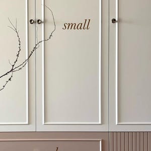 Puede incluir: Un armario de color beige claro con paneles de puerta arqueados y una secci&oacute;n de caj&oacute;n inferior. La palabra small est&aacute; impresa en marr&oacute;n en la puerta superior, y la palabra large est&aacute; impresa en marr&oacute;n en el caj&oacute;n. Una rama fina, oscura y sin hojas se extiende por el lado izquierdo.