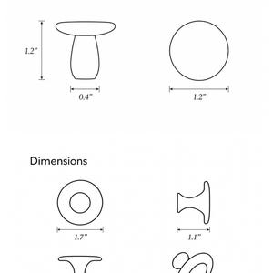 Puede incluir: Un dibujo t&eacute;cnico que muestra las dimensiones de pomos peque&ntilde;os y grandes. El pomo peque&ntilde;o mide 1,2 pulgadas de alto con una base de 0,4 pulgadas y una parte superior de 1,2 pulgadas. El grande tiene 1,7 pulgadas de di&aacute;metro, 1,1 de alto y 0,7 de base.