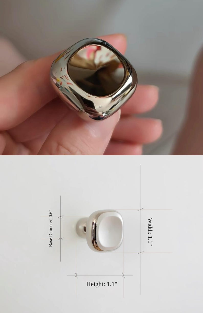 Puede incluir: Un pomo de mueble plateado pulido con forma cuadrada redondeada. El pomo tiene un ancho de 2,79 cm, una altura de 2,79 cm y un di&aacute;metro de base de 1,52 cm, seg&uacute;n se indica en el diagrama t&eacute;cnico incluido en la imagen.