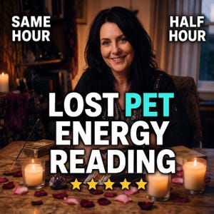 May include: A person with dark hair sits behind a table with three lit candles, scattered rose petals, and an incense stick. The text reads: SAME HOUR, HALF HOUR, LOST PET ENERGY READING, and five yellow stars are displayed at the bottom.