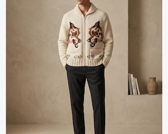 Cárdigan de hombre con cuello chal Wolf / Suéter de punto de mezcla de lana tejido a mano / Prenda de punto con cremallera / Cárdigan grueso de invierno / Chaqueta de estilo nórdico rústico