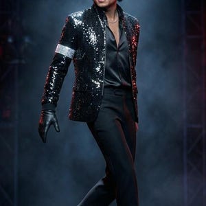 Men Black Sequin Billie Jean Inspired Jacket | Michael Jackson Motown 25 Moonwalk 80s  Costume | King of Pop  | Cosplay Performance Outfit