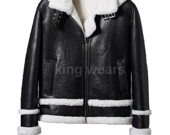Men's Leather Biker Jacket with white black Fur Collar | Classic Shearling Moto Coat