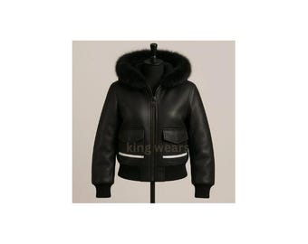 Men's Leather Biker Jacket with black Fur Collar | Classic Shearling Moto Coat